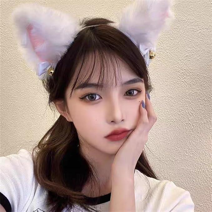 Light Up Headband Cat Ears With Bell Furry Headband Rave Accessories For Women Girls Valentine's Day Party Costume