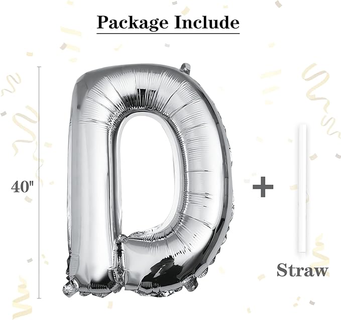 40 inch Silver Letter D Balloon, Big Size Alphabet Foil Mylar Helium Balloons for Birthday Party Celebration Wedding Anniversary Baby Shower Decorations Supplies Alphabet D