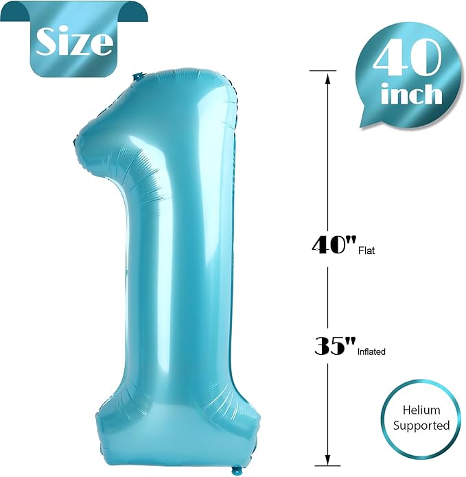 Pearlescent Blue Number 1 Balloon for First Birthday 40 Inch, 1st One Number Balloons Birthday Decorations for Girl Boy Toddler Baby