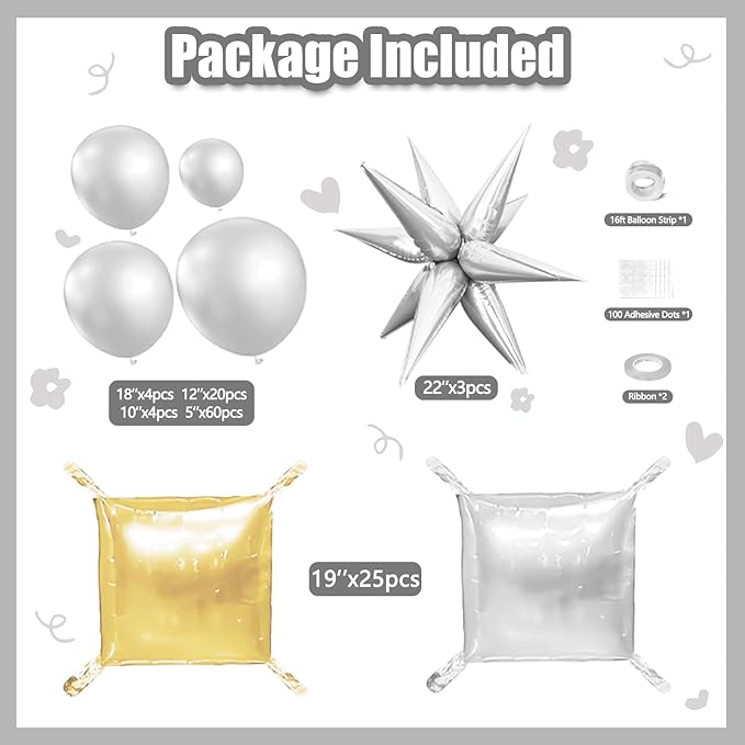 152PCS Chrome Silver Square Foil Balloons Backdrop Wall, Double Sided Tunnel with Metallic Silver Balloon Arch Garland Kit for Graduation Disco Birthday Party Decorations