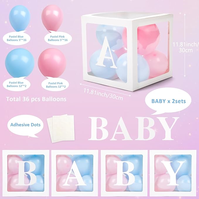 Baby Boxes with Letters for Baby Shower, Gender Reveal Decorations with Blue and Pink Balloons for Gender Reveal Birthday Wedding Baby Shower Decorations