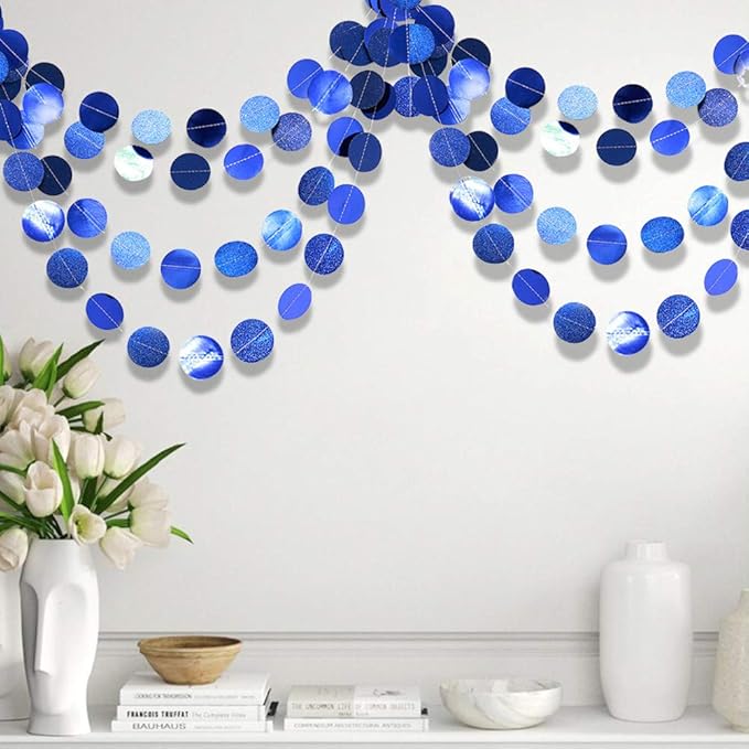 Cheerland Royal Blue Circle Dot Garland Glitter Blue Birthday Decorations Banner Hanging Streamers Photo Backdrop Party Decorations for Bday Bridal Shower Graduation Kids Party Decor Supplies
