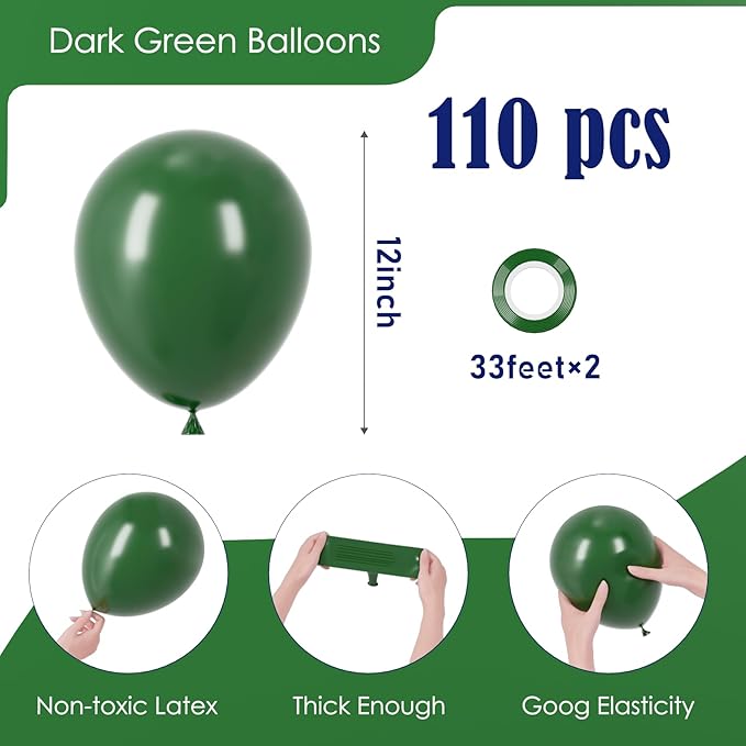 110pcs Dark Green Balloons 12inch Green Latex Party Balloons for Birthday, Graduation, St. Patrick's Day, Christmas, Baby Shower, Dinosaur Party, Anniversary Party Decorations
