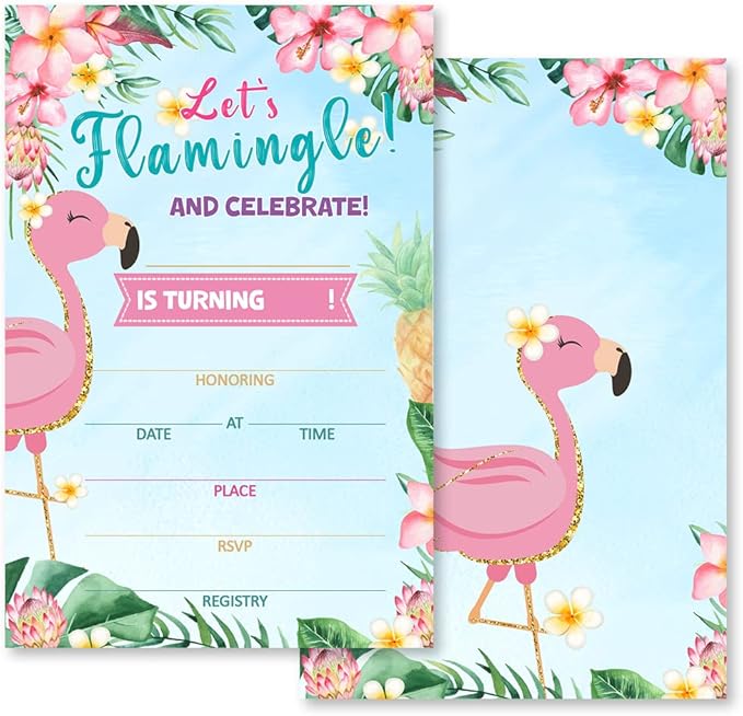 Grace Yonks Flamingo Birthday Party Invitation, Flamingo Theme Party, 20 Invitations and Envelopes, Birthday party Invitations, Birthday Party Supplies.(029)