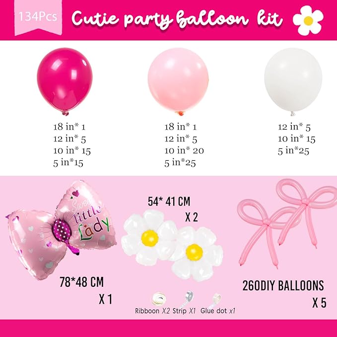 Hot Pink and White Daisy Bow Balloon140pcs with DIY Bow Daisy Balloons for Cute Cartoon Birthday Girl Bow theme Baby Shower Party Coquette birthday decorations