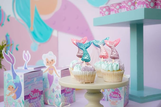 Mermaid Candy Lollipops - 12 Suckers Individually Wrapped - Great for Mermaid Party Favors - Goodie Bags for Kids Birthday - Candy Bar - Pretty Mermaid Tails Cupcake Toppers