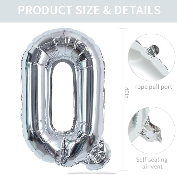 TONIFUL 40 Inch Large Silver Letter Q Balloons Helium Balloons,Foil Mylar Big Letter Balloons for 2026 New Year Eve Graduation Wedding Baby Shower Birthday Party Anniversary Supplies Decorations