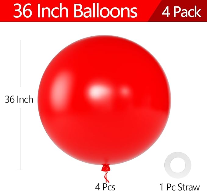 KALOR Red Giant Balloons 36 Inch Large Latex Balloons, 4 Pack Jumbo Round Helium Balloon for Birthday Bridal Shower Wedding Baby Shower Party Decorations