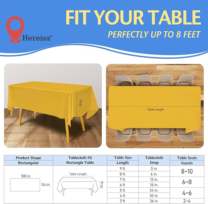 8-Count Yellow Disposable Plastic Tablecloths Rectangle 54x108 Inch - Extra Long Waterproof Banquet Table Covers for Parties & Catering