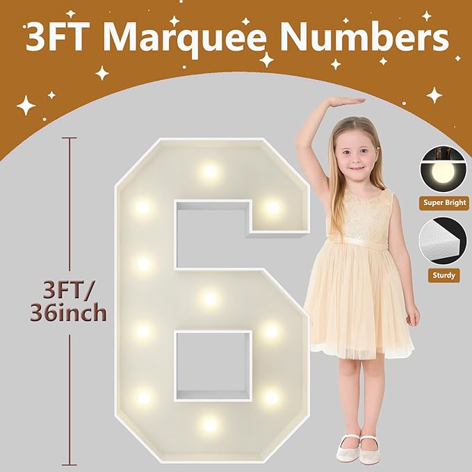 3FT Marquee Light Up Numbers, Giant Marquee Numbers, Pre-cut DIY Foam Board Number 6 for Sweet 16th 60th Birthday Decorations, 60th Anniversary Decor