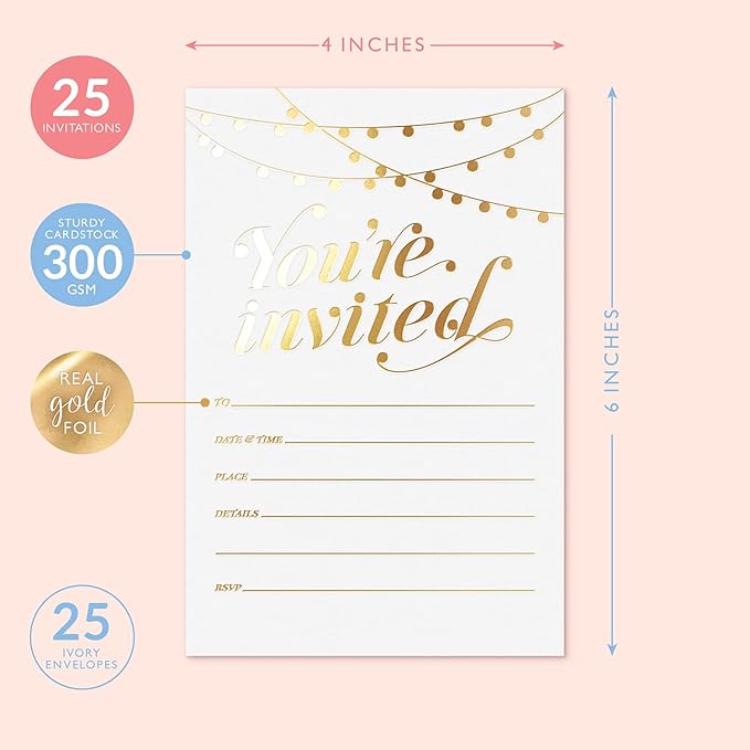 S&O Party Invitations! 25 Gold Foil Traditional Invitations with Envelopes, Wedding, Baby, & Bridal Shower Invite, Housewarming Birthday, and Girls Quinceanera Invite Cards for Every Celebration - 4x6