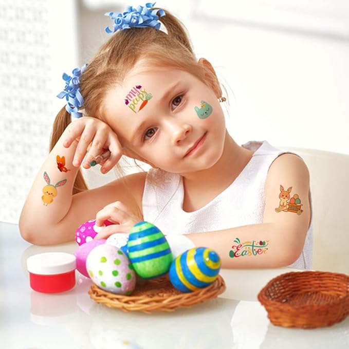 66 Pieces Easter Tattoos, 12 Sheets Colorful Bunny Egg Chicken Spring Flowers Butterfly Stickers for Easter Egg Filler, Easter Basket Stuffers, Goodie Bag Fillers, Classroom Rewards