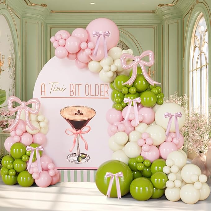 130PCS A Tiny Bit Older Balloon Arch Garland Kit with Green Pink White Bow Balloons for Cocktail Party, Margarita Theme, Martini Bachelorette Decor, A Tini Bit Older Birthday