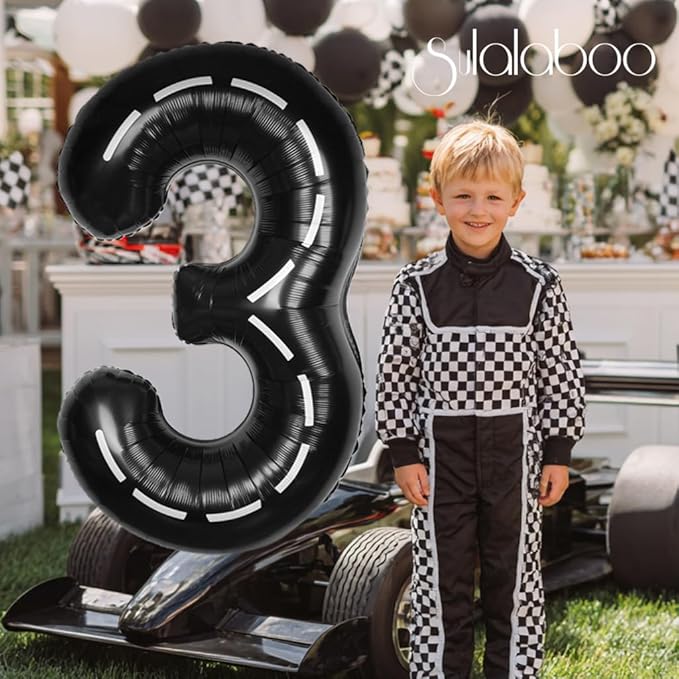 Race Car 40Inch Black 3 Balloon Number Large Helium Race Track 0-9 Giant Digital 3rd Foil Mylar Big Party Number Balloons for Boy Birthday Car Theme Party Anniversary Graduation Decorations