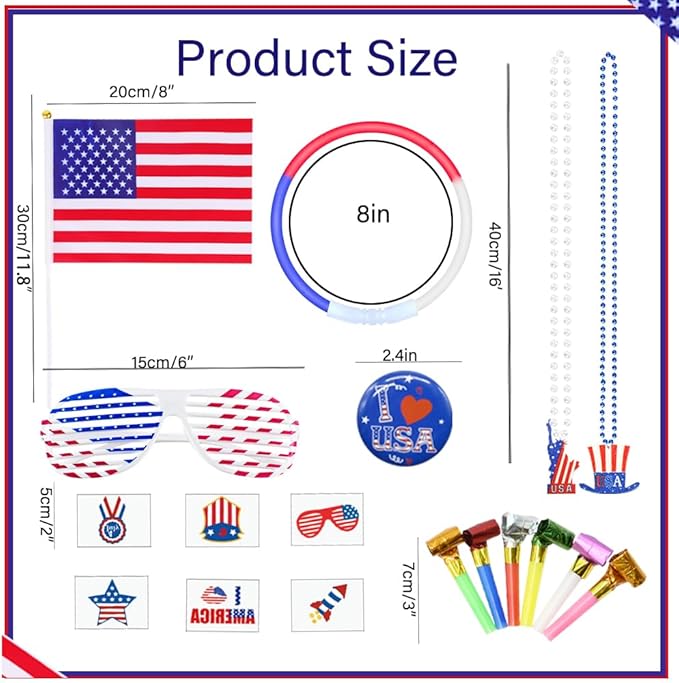 CAMIRUS 4th of July Party Favors, 126 Pcs Patriotic Accessories USA Flags Sunglasses Necklaces Glow Sticks Musical Blow Outs Mustaches Brooches Stickers for Independence Day, Memorial Day, Labor Day