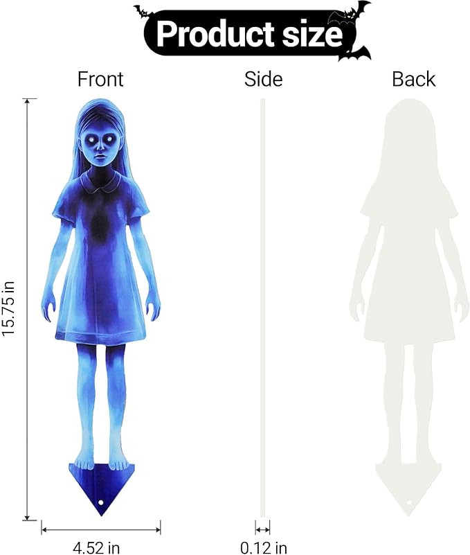 Scary Girl Ghost Courtyard Decoration for Halloween Outdoor, 2PCS Spooky Halloween Ghost Twins Yard Signs with Stakes, 16" Waterproof Iron Creepy Twins Lawn Signs Ground Stakes for Home Outside Decor