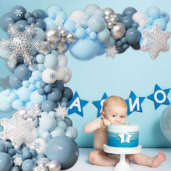 144Pcs Winter Wonderland Balloon Garland Arch Kit, Blue White Metallic Silver Latex Balloons with Snowflake Foil Balloons for Christmas Holiday Snow Princess Baby Shower Birthday Decorations