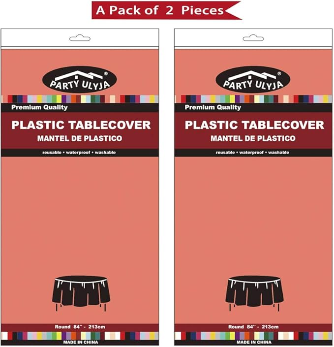 Coral Plastic Tablecloths 2 Pack Blush Red Disposable Covers 84 Inch Circle for 6 ft Round Tables - PEVA Cloths for Bridal Shower, Picnic, Birthday, Wedding, Banquet Parties