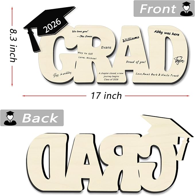 Graduation Decorations Class of 2026 Grad Sign Wood Board Party Nameplate Guest Book for High School College Bachelor Graduation Gifts (GRAD)