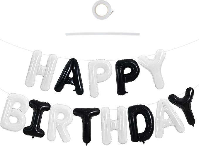 TONIFUL Happy Birthday Balloons Banner 16 Inch Mylar Foil Letters Birthday Sign Reusable for Girls Boys Kids & Adults Birthday Party Decorations Supplies（Black White）