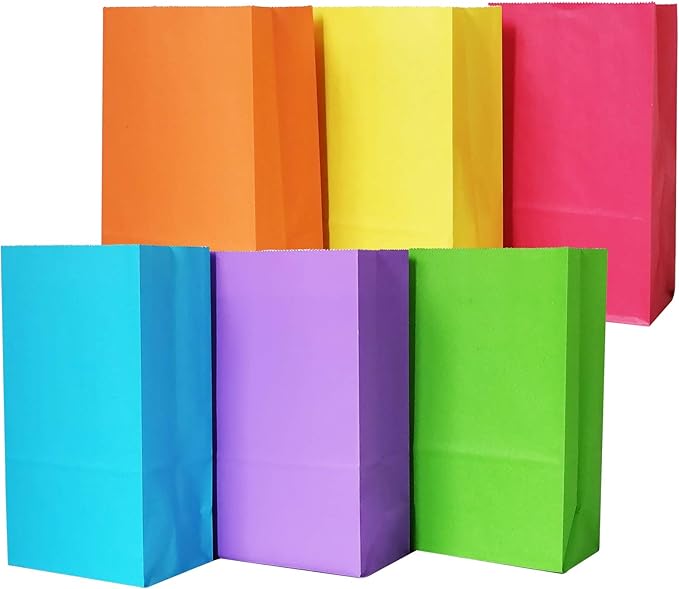 Future Life 60 pcs Solid Color Party Favor Paper Bags, 5.2 * 3.2 * 9.6 Inch, Food Safe Kraft Paper and Ink, Natural (Biodegradable), Vivid Colored Gift Bags, Give Away Bags.