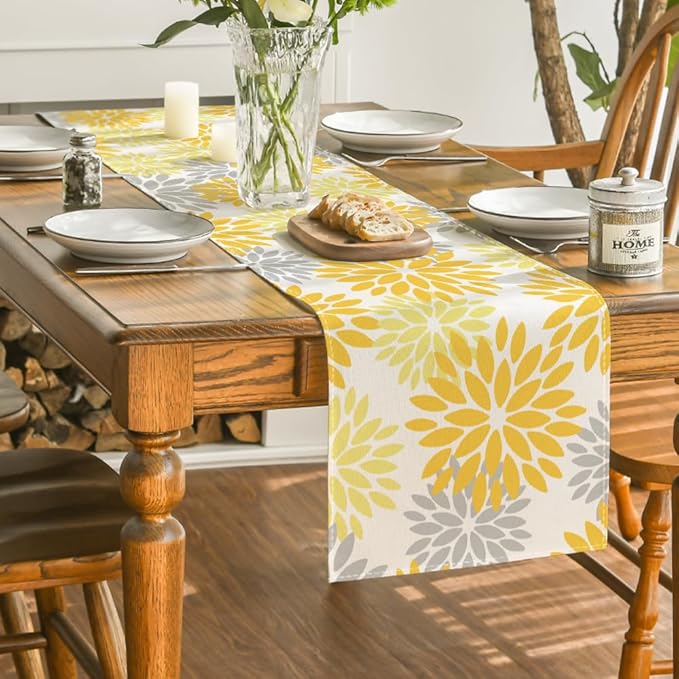 Artoid Mode Yellow Dahlia Floral Pinnata Summer Table Runner, Seasonal Spring Holiday Kitchen Dining Table Decoration for Home Party Decor 13x36 Inch