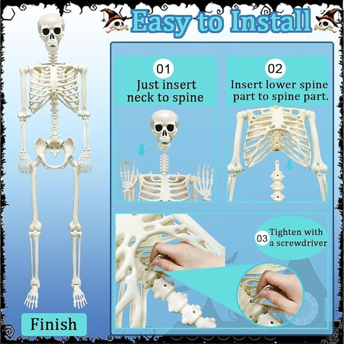 WODMAZ 5.4Ft Posable Halloween Skeleton, Full Body Life Size Skeleton with Dog Skeleton for Halloween Spooky Party Props Decor