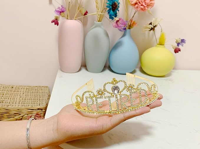 JETKONG Retirement Party Decorations Retired Tiara/Crown, Retired Sash for Women Retirement Gifts, Retirement Party Supplies, Gifts, Favors (Gold)