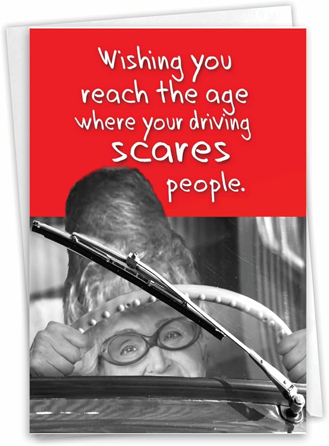 NobleWorks - 1 Hilarious Happy Birthday Card - Funny Old Lady Grandma Humor, Celebrate Birthdays - Scary Driver C3634BDG