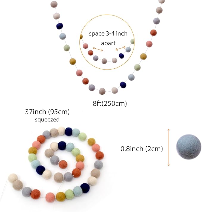 Glaciart One Felt Ball Garland (2-Pack) Pom Pom Garland - 8 Feet, 40 Balls, 9 Gender Neutral Colors, Nursery Decor, Bunting, Birthday Party Decorations, Easter, Photo Prop