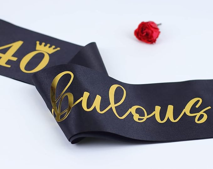 40th Birthday Sash for Women and Men 40&Fabulous Sash Black with Gold Foil Lettering