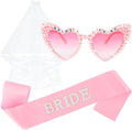 Bride to Be Set: Pearl-Trimmed Heart Sunglasses, Pearl BRIDE Sash & Tulle Veil - Bachelorette Party Bridal Accessories