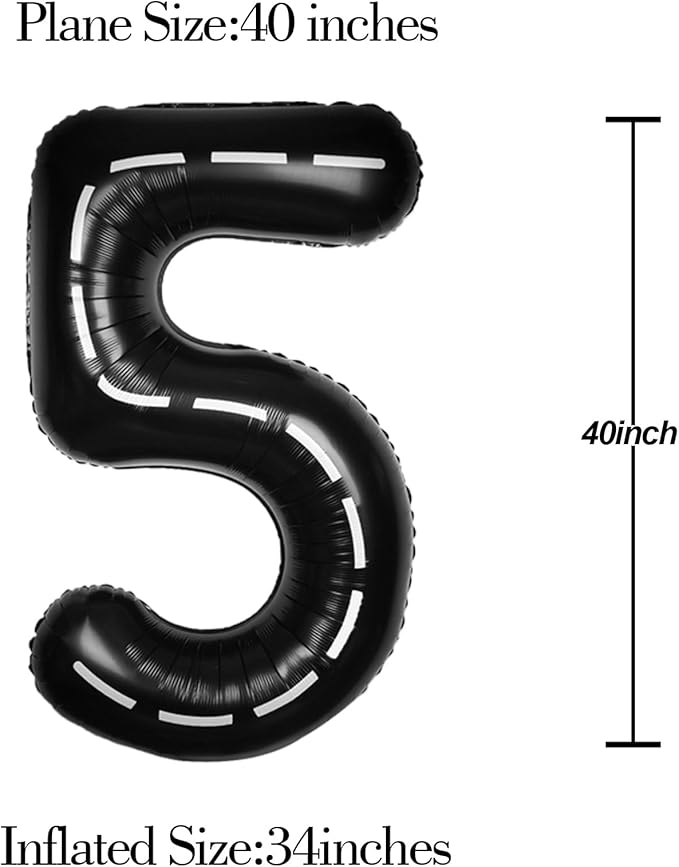 Race Car 40Inch Black 5 Balloon Number Large Helium Race Track 0-9 Giant Digital 5th Foil Mylar Big Party Number Balloons for Boy Birthday Car Theme Party Anniversary Graduation Decorations