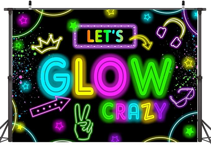 Neon Glow Party Decorations Supplies Backdrop 7x5ft Glow in The Dark Let’s Glow Banner Photography Background Birthday Sleppover Graffiti Splash Paint Black Light Kids Photo Booth