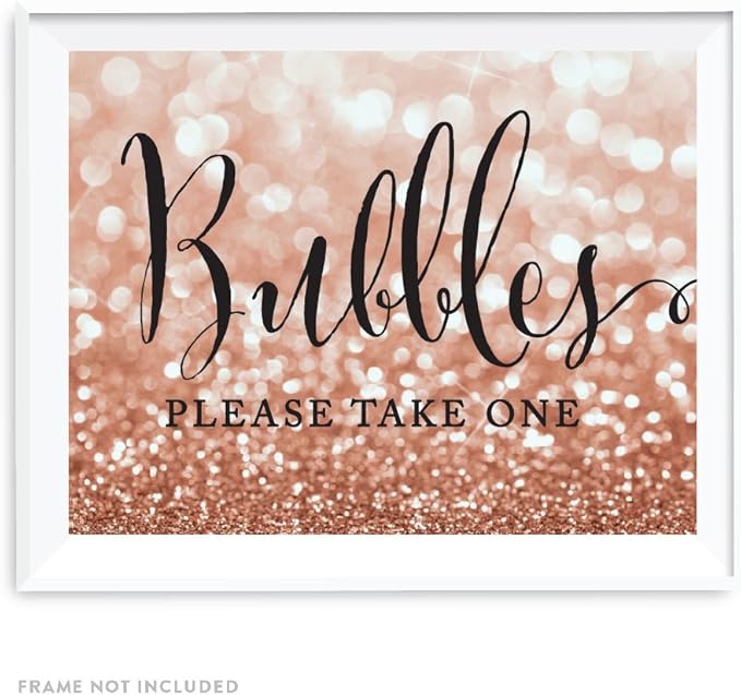 Andaz Press Wedding Party Signs, Glitzy Rose Gold Glitter, 8.5x11-inch, Bubbles Please Take One Sign, 1-Pack, Bokeh Colored Party Supplies