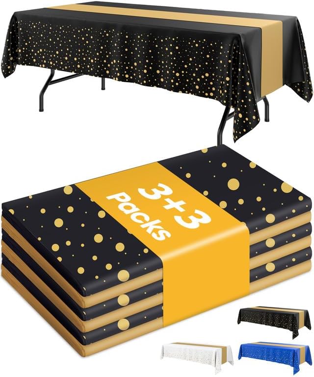 Graduation Decorations Table Cloth for Rectangle Table and Table Runner Set - 3+3 Pack, Black and Gold Plastic Tablecloth Disposable for Birthday, Wedding, Baby Shower, New Year