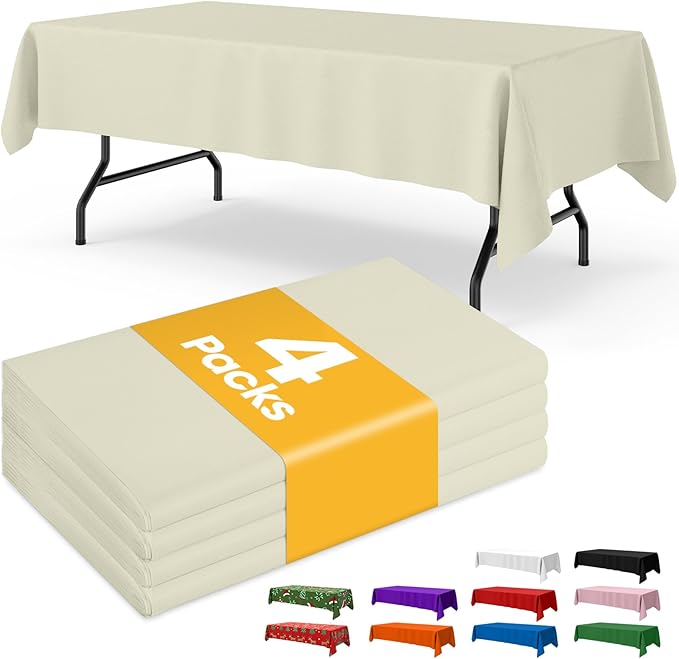 Ivory Plastic Table Cloth - 4 Pack 54" × 108" Rectangle Disposable Tablecloths for 6FT Tables, Table Cover for Party, Holiday & Gathering Use