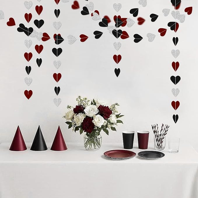 Silver Black and Burgundy Birthday-Decorations-Party - 52Ft Heart Paper Garland Decoration Streamers Banner Bridal Baby Shower Wedding Bachelorette Engagement Graduation Hanging Decor Hongtongtong