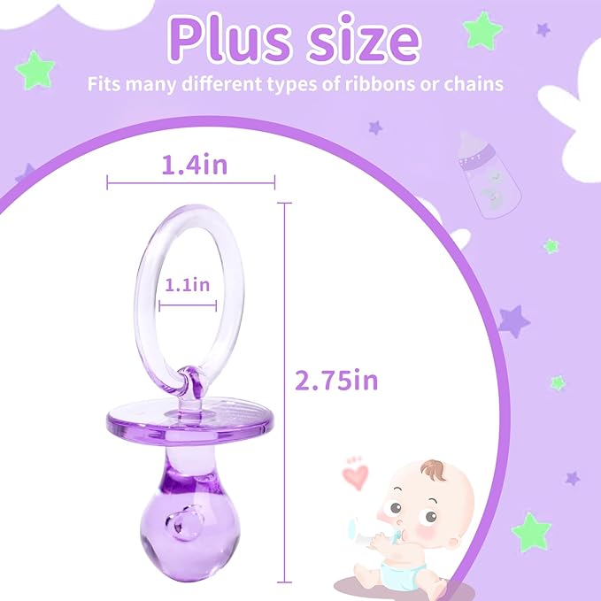 Pacifiers for Baby Shower Game, 36 Plastic Pacifiers for Baby Shower Decoration DIY, Large Size Baby Shower Pacifiers, Gender Reveal Party Table Scatter/Hunt Baby Shower Game Props(Purple, 2.75 in)