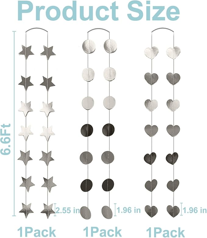 Silver Dot Heart Star Streamers 19.8 Feet Paper Garlands Glitter Disco Garland Hanging Banner for Birthday Homecoming Classroom Mothers Day Wedding Engagement Birthday Party Supplies
