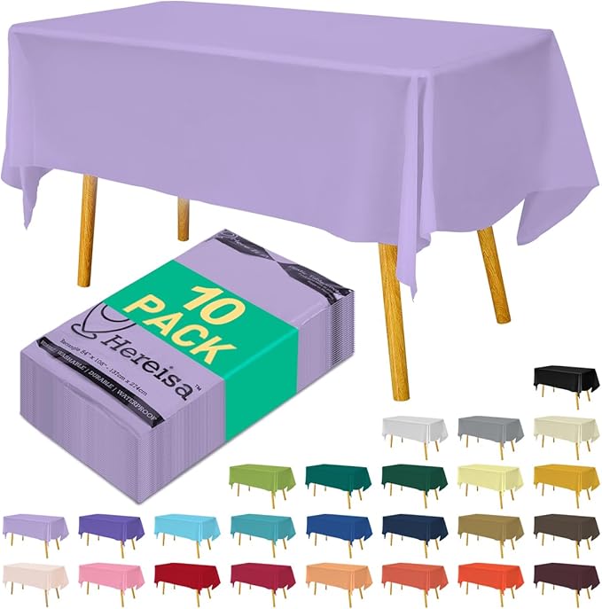 Disposable Lavender Plastic Tablecloth 54x108 Inch, 10-Count Waterproof Rectangle Table Cover for Events, Catering