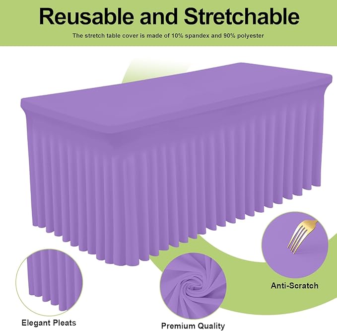 Smiry Spandex Tablecloth, Elastic Fitted Stretch Tablecloth for 6FT Rectangle Tables, Waterproof Washable Table Cover Skirt for Outdoor, Wedding, Banquet & Parties (Lavender, 72Lx30Wx30H Inch)