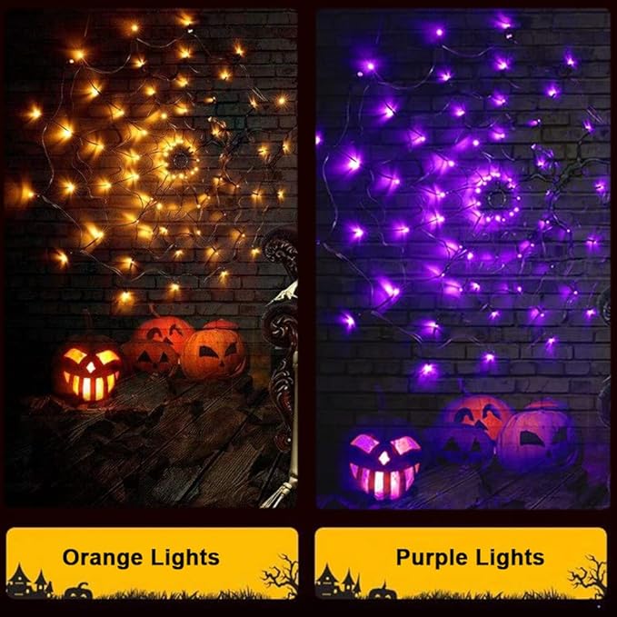 Halloween Decorations Spider Web Lights - 4FT Diameter 70 LEDs with Black Spider, Waterproof Net Lights, Remote Control, 8 Modes Cobweb Halloween Decorations for House Garden Indoor Outdoor (Orange)