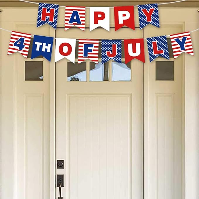 Happy 4th of July Banner for Independence Day Party Decor Red White and Blue Fourth of July Patriotic Party Celebrations Supplies for Memorial Day Durable Polyester Yard Decoration Banner