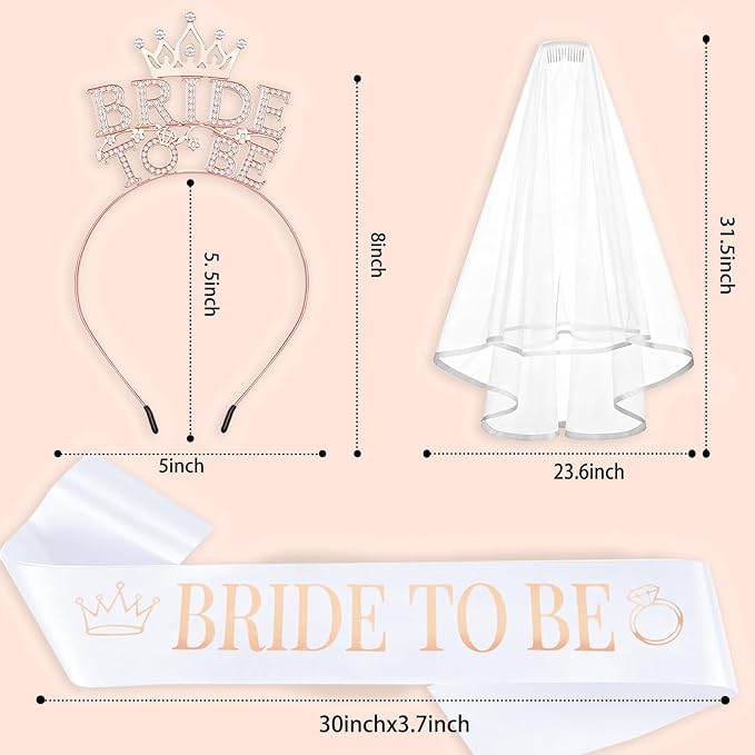 Bride To Be Accessories Set – Rhinestone Tiara Headband, Bride To Be Sash & Veil | Bachelorette Party Supplies, Bridal Shower Decorations, Bride Sash and Veil Set, Bride Accessories