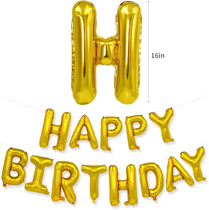 TONIFUL 3D Gold Happy Birthday Balloons Banner with Ribbon Straw, 16 Inch Mylar Foil Letters Birthday Sign Banner Balloon Bunting Reusable for Girls Boys Kids & Adults Birthday Halloween Supplies