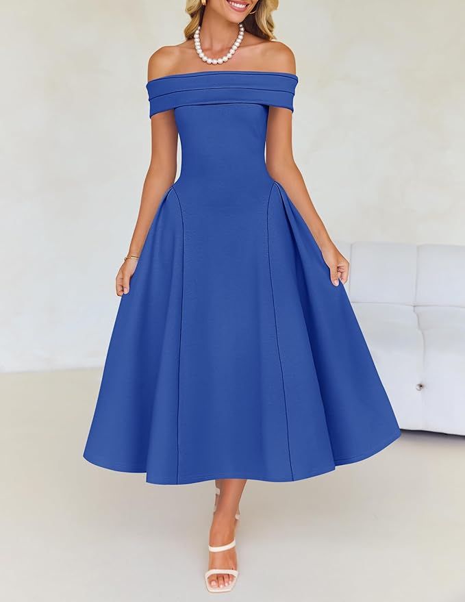 ZESICA Summer 2026 Cocktail Dresses for Women's Off Shoulder Short Sleeve Swing A Line Wedding Evening Party Midi Dress