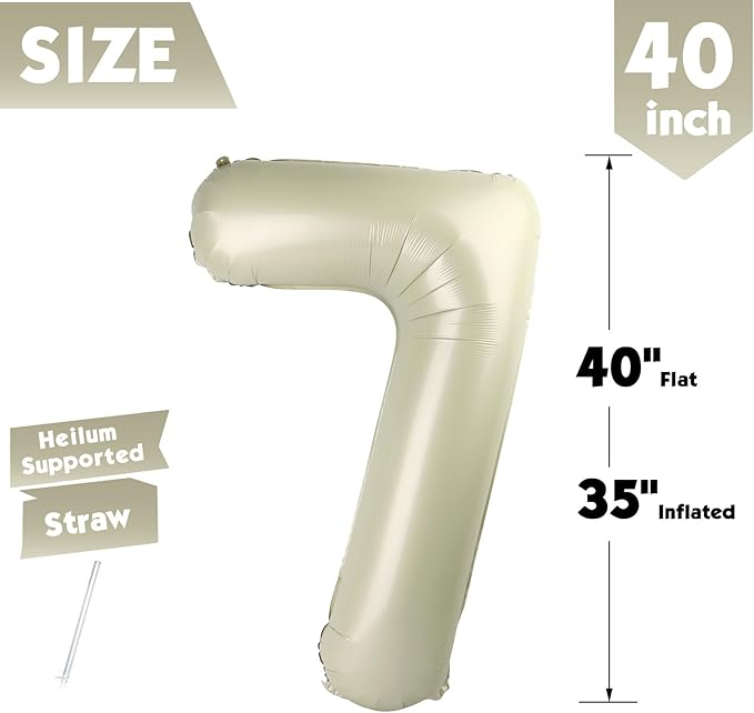 40 Inch Cream Number 7 Balloon, Giant 7 Number Balloons for 7th Birthday Decorations, Party Supplies for Baby Boy Girl, Cream Party Decor