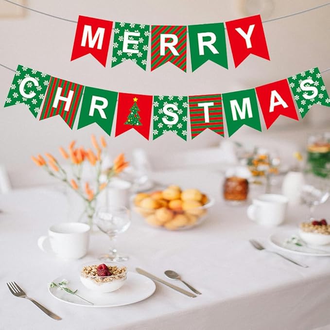 Merry Christmas Banner Decorations Red Green Xmas Paper Banner Sign Home Office Decor Banners Merry Christmas Party Decoration for Xmas Holiday Fireplace Wall Window Indoor Decor