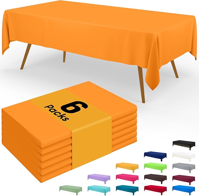 Smiry Disposable Table Cloth - 6 Pack, 54 x 108 Inch Waterproof Rectangle Tablecloths for Parties, Decorative Plastic Table Cover, Leakproof & Sturdy, Orange